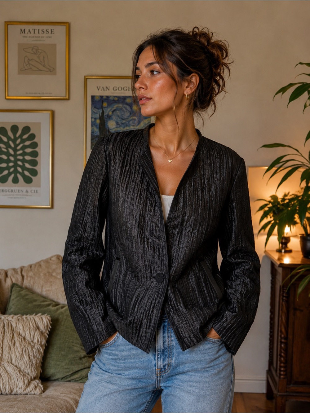 Eileen Fisher Black Silk Textured Blazer Jacket